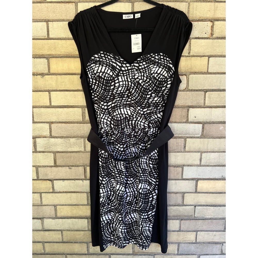Cato Black White Print V-Neck Belted Sleeveless Knee Length Dress Size Large NWT